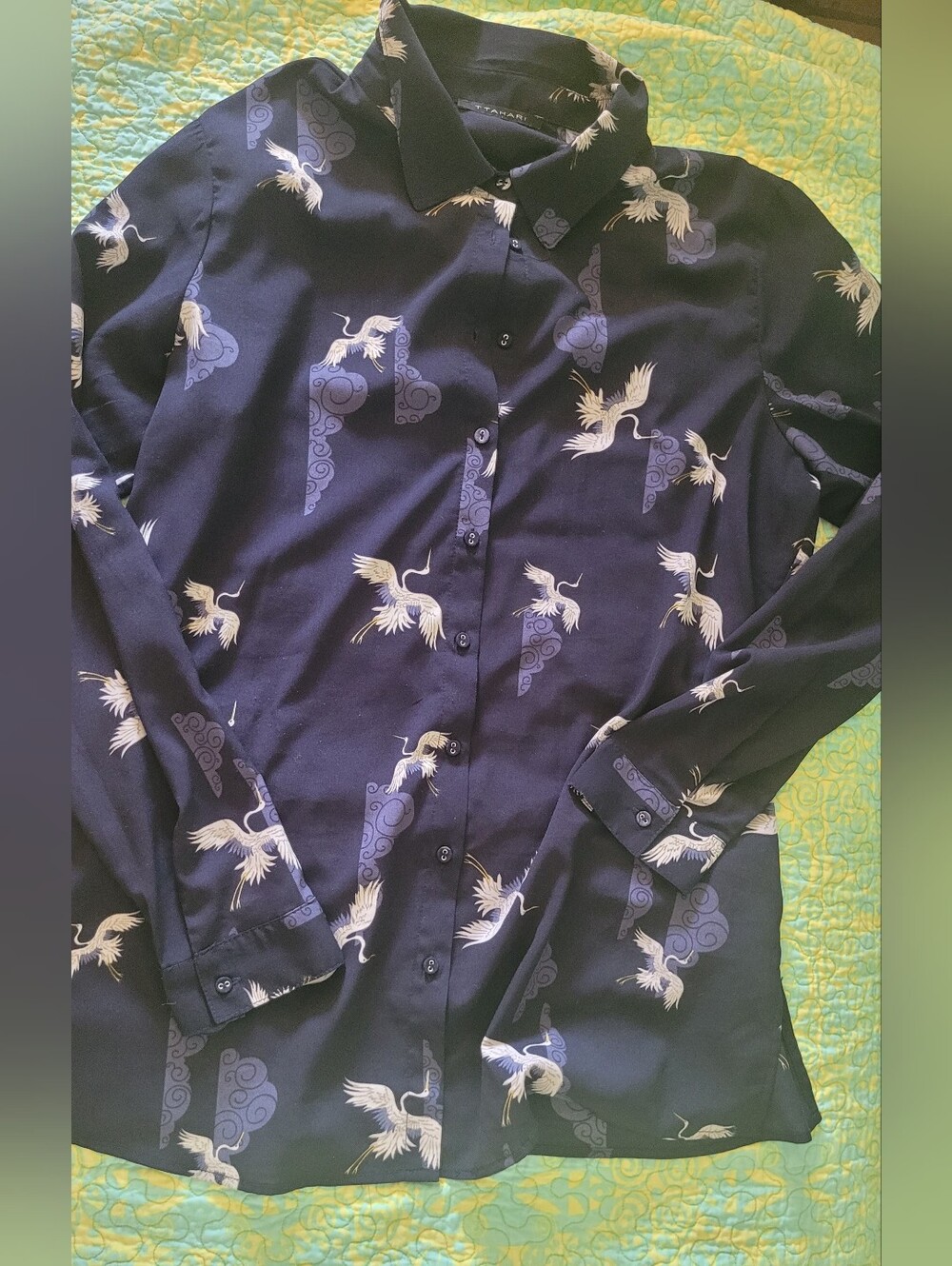 Womems Navy Crane Print Button-Up Shirt